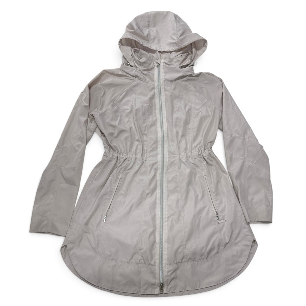 Athleta Womens Medium Taupe Gray Hooded Windbreaker Cinched Waist Jacket Zip